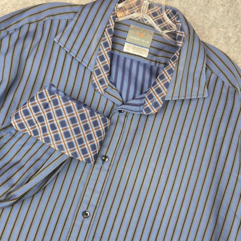 Thomas Dean Shirt Men XXL Blue Striped Regular Fit Contrast Trim Button Up